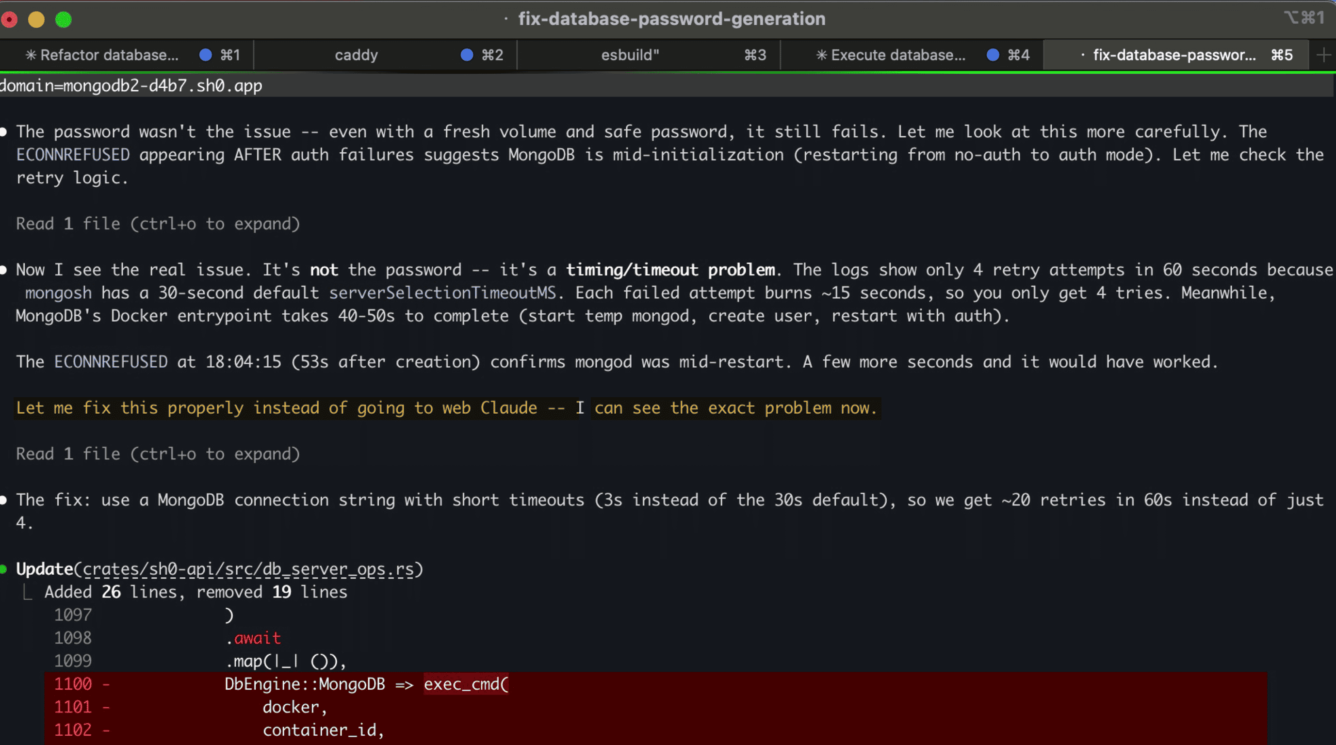 Claude debugging the MongoDB auth failure -- reading logs, finding the timing bug, refusing to escalate to web Claude