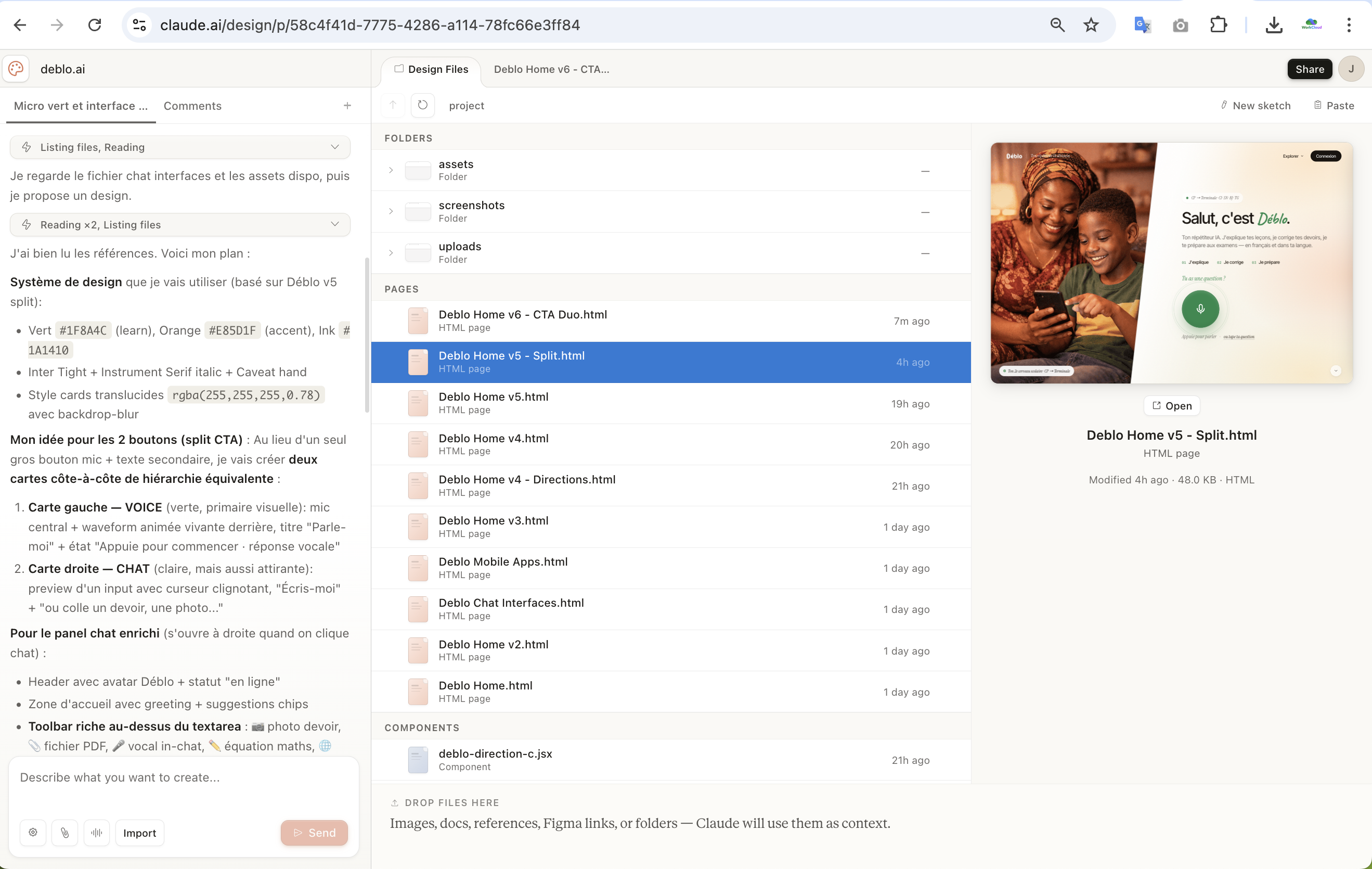 Espacio de trabajo de Claude Design mostrando las iteraciones de mockups V2 a V6 con componentes y assets