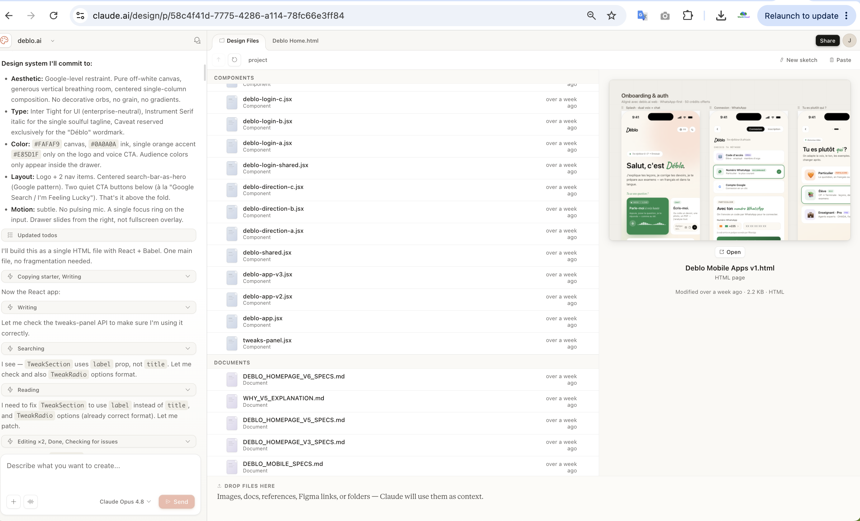 Espace de travail Claude Design sur claude.ai pour Déblo : un brief de design engagé à gauche, les composants et documents de specs générés au centre, et un aperçu live du résultat à droite