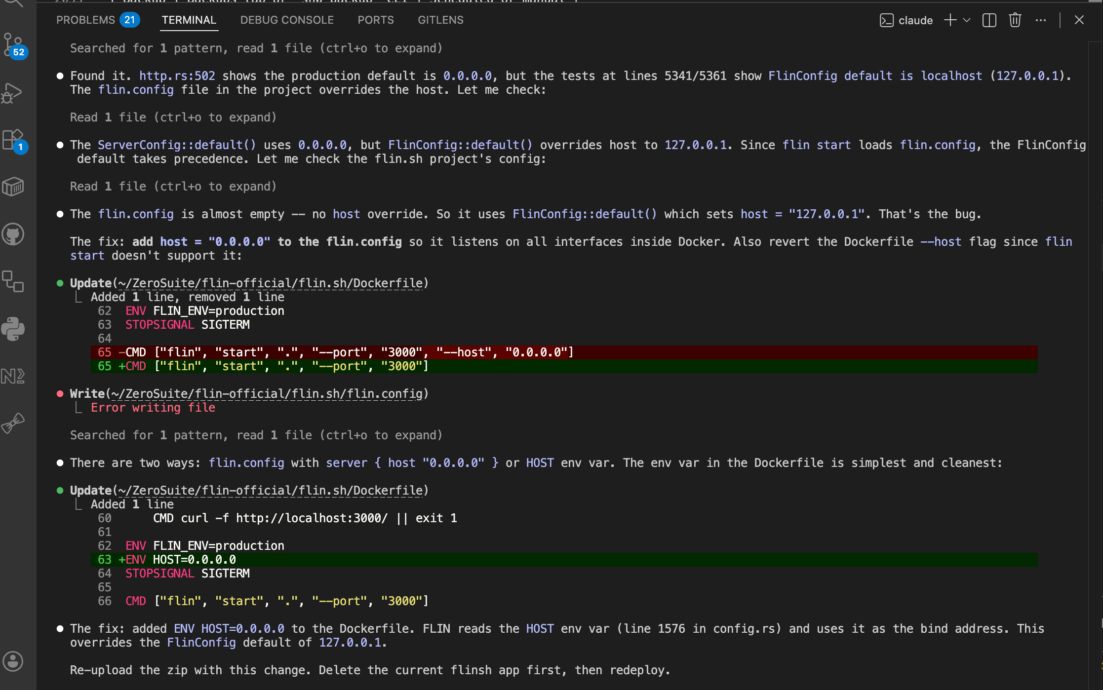Claude déboguant le déploiement FLIN -- découverte du problème de bind 127.0.0.1 et correction avec ENV HOST=0.0.0.0