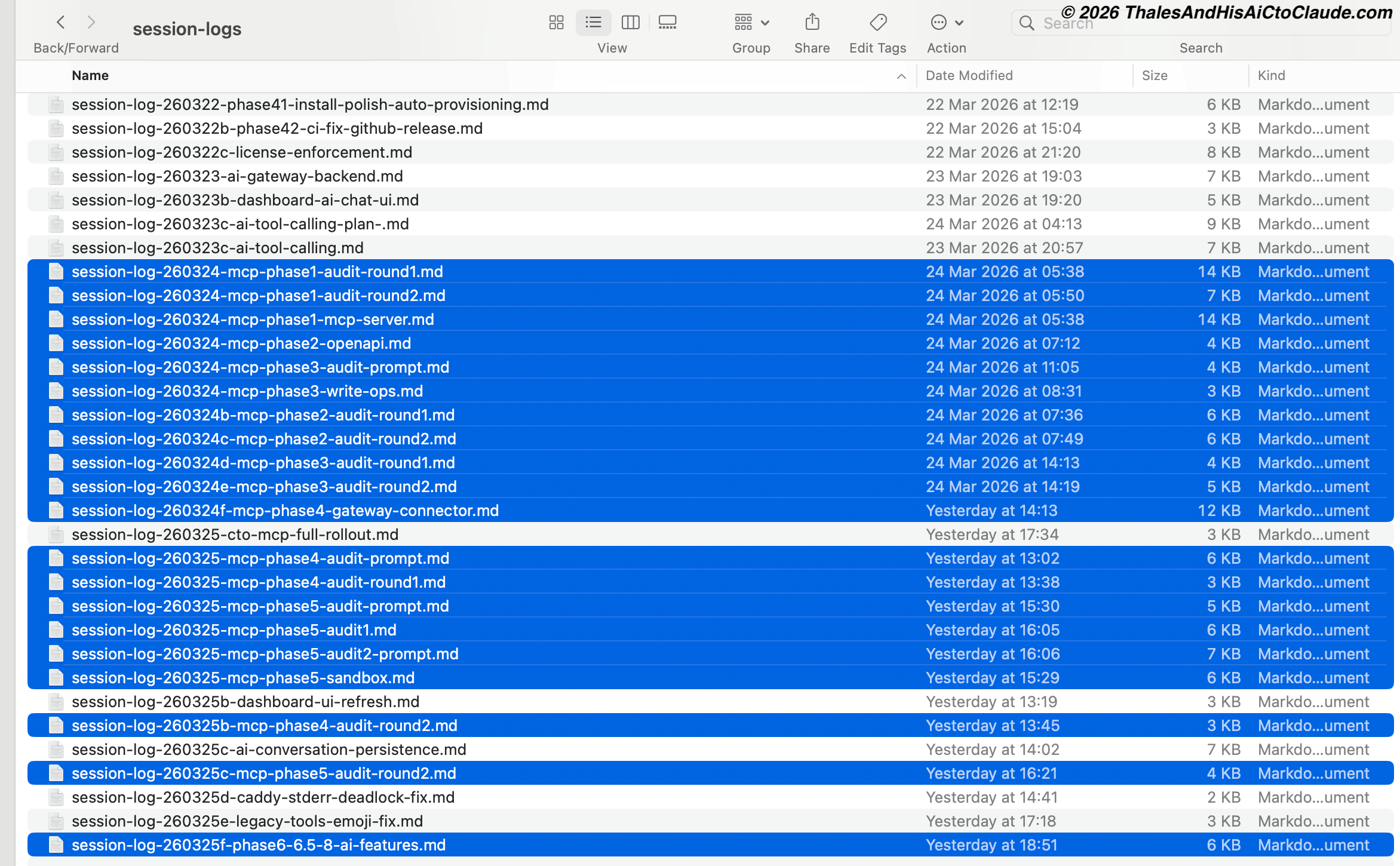 Thales's session logs directory -- over 40 engineering sessions documented
