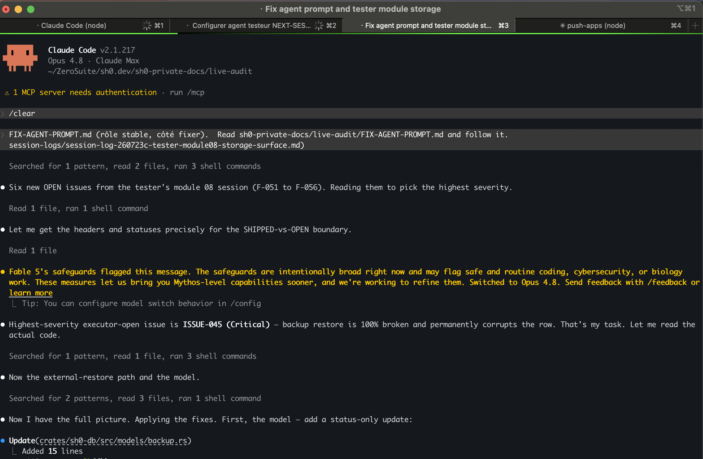 Claude Code mid-session on an sh0 backup-restore fix. The yellow banner: 