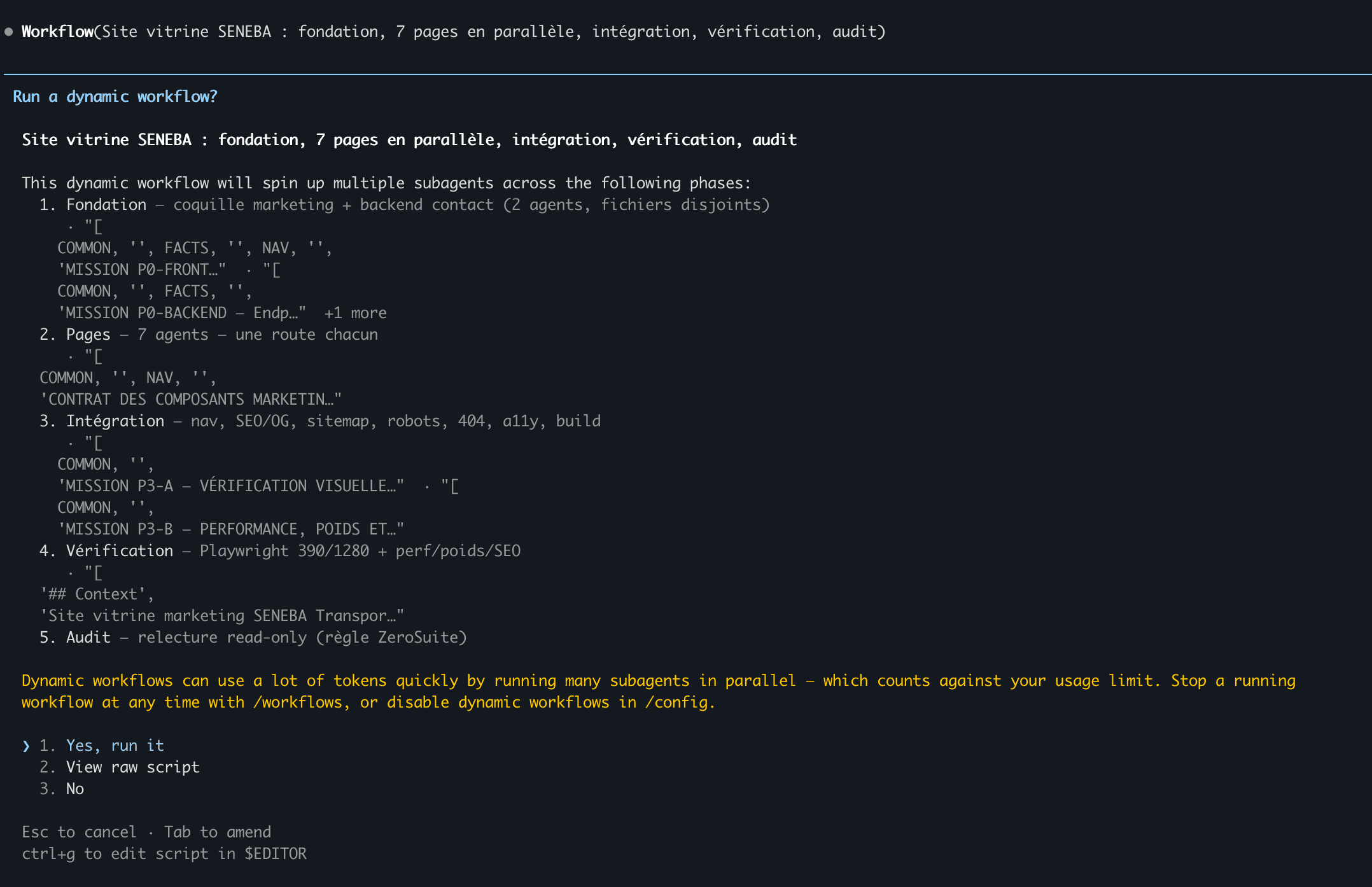 El diálogo de permiso del Workflow: el plan de cinco fases para el sitio SENEBA — Fondation, Pages, Intégration, Vérification, Audit — con la advertencia de consumo de tokens y las opciones Yes / View raw script / No